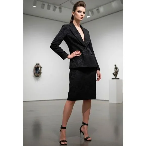 Vintage Emanuel Ungaro Womens Black Jacquard Blazer & Dress Set 6 Petite - Picture 4 of 16